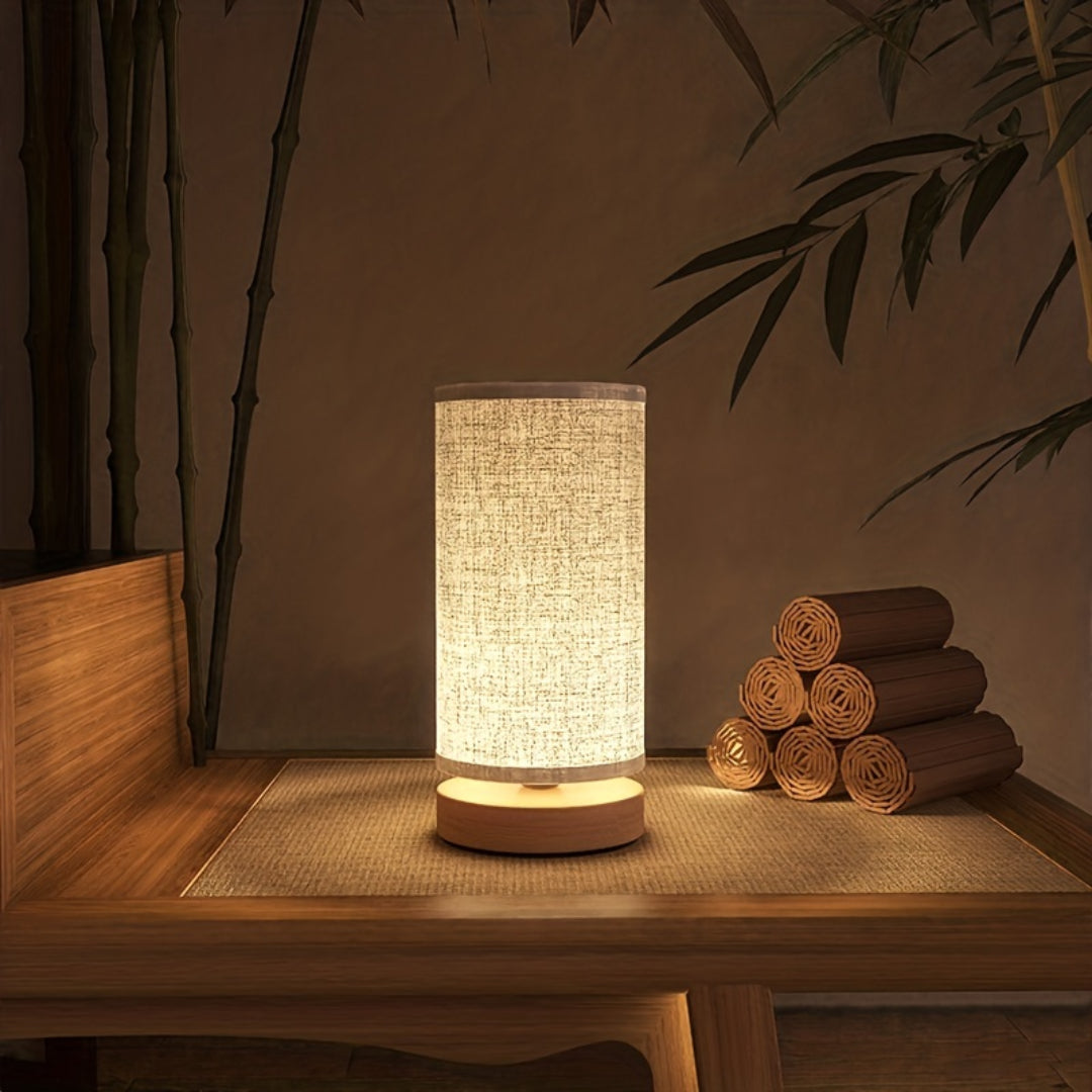 Natural Wood Base Linen Shade USB Table Lamp