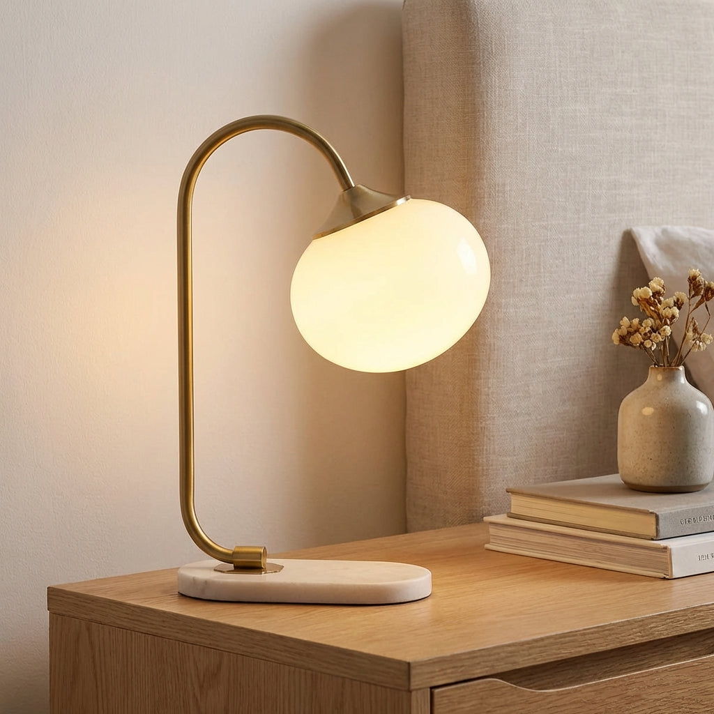 Rounded Glass Shade Curved Metal Stem Table Lamp