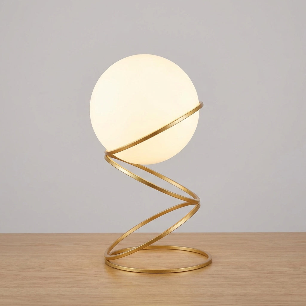 Sculptural Spiral Metal Base Round Acrylic Globe Table Lamp