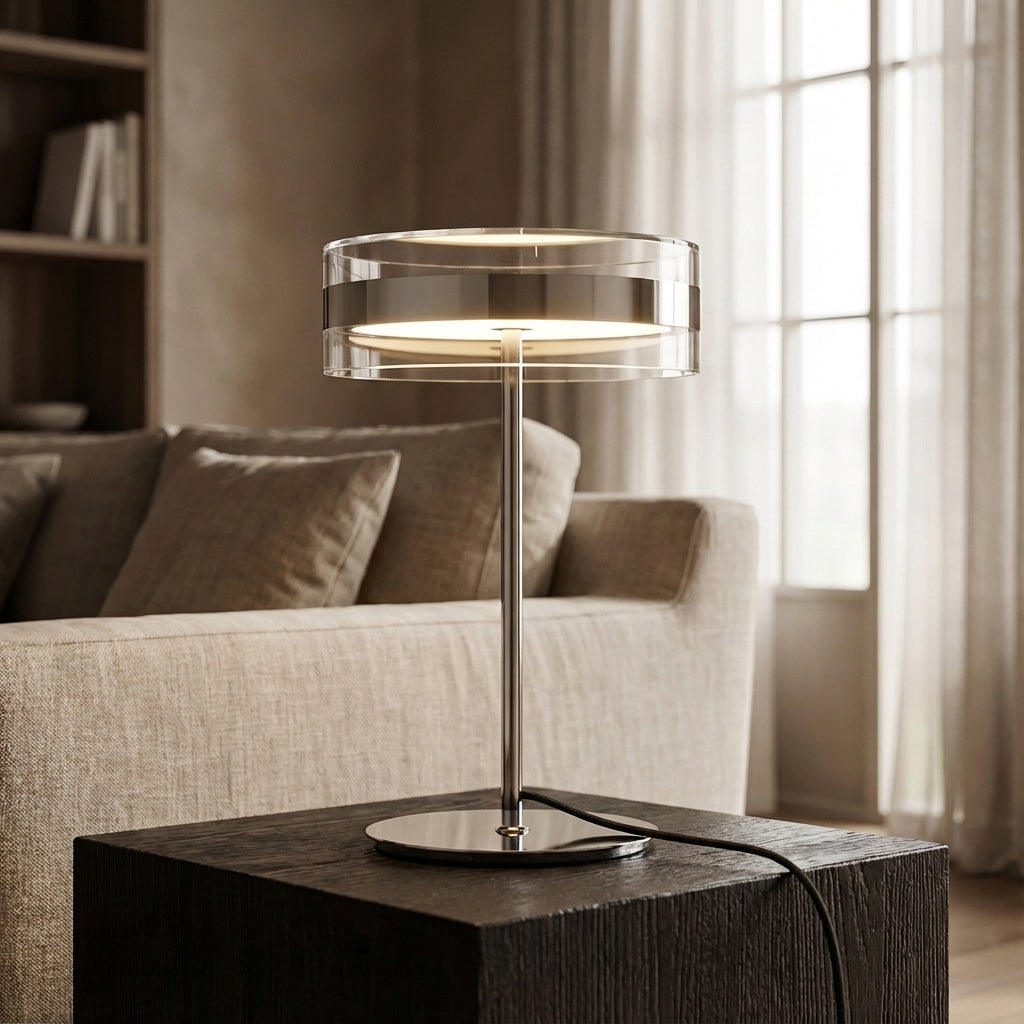 Sleek Cylindrical Clear Shade Slim Rod Table Lamp