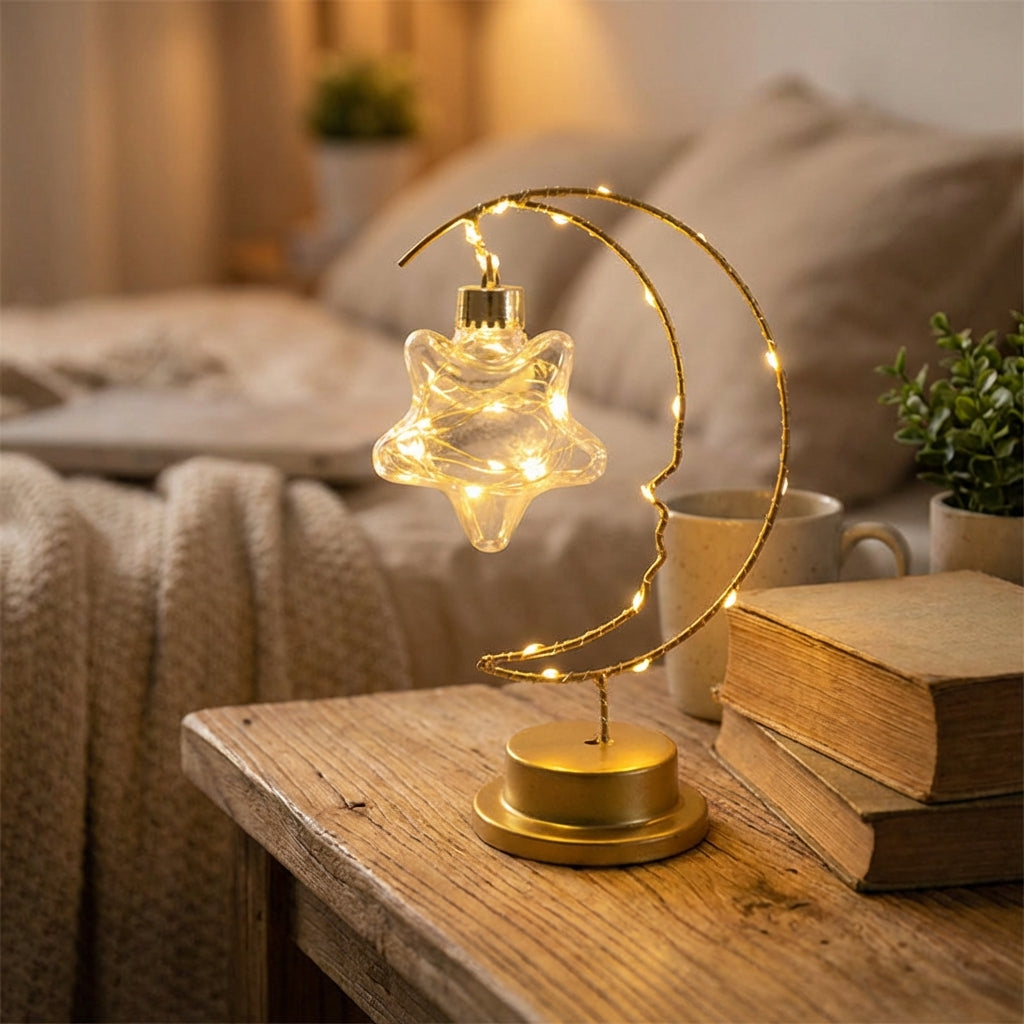 Curved Moon Silhouette Hanging Glass Star Dimmable Table Lamp