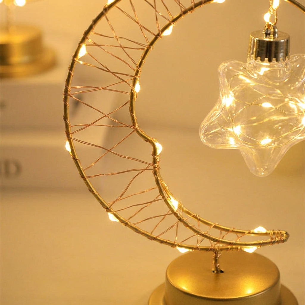 Curved Moon Silhouette Hanging Glass Star Dimmable Table Lamp