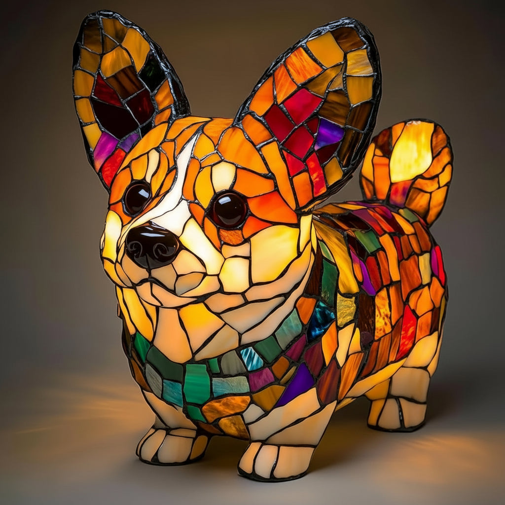 Stained Glass Dog Figurine Resin Night Light Table Lamp