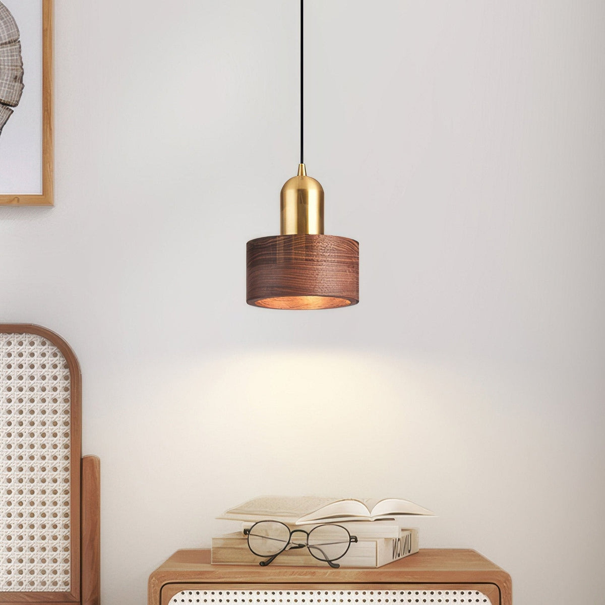 Cylindrical Walnut Brass Japanese Minimalist Hanging Pendant Light