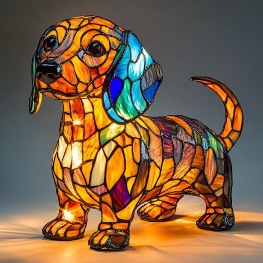 Stained Glass Sculpted Resin Dog Figurine Accent Table Lamp