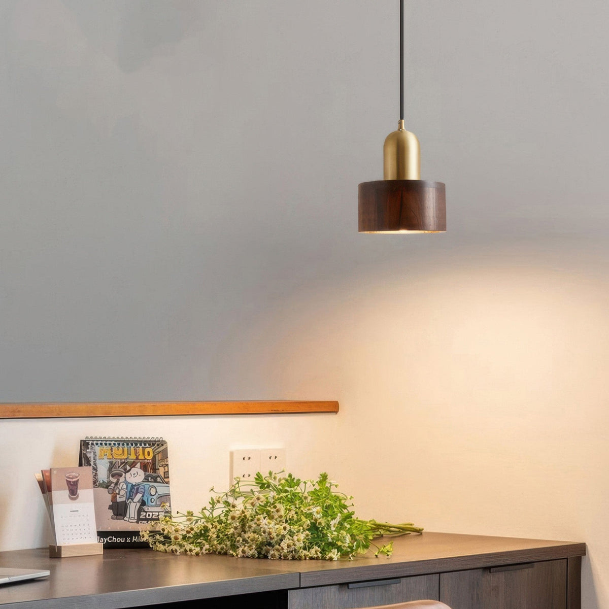 Cylindrical Walnut Brass Japanese Minimalist Hanging Pendant Light