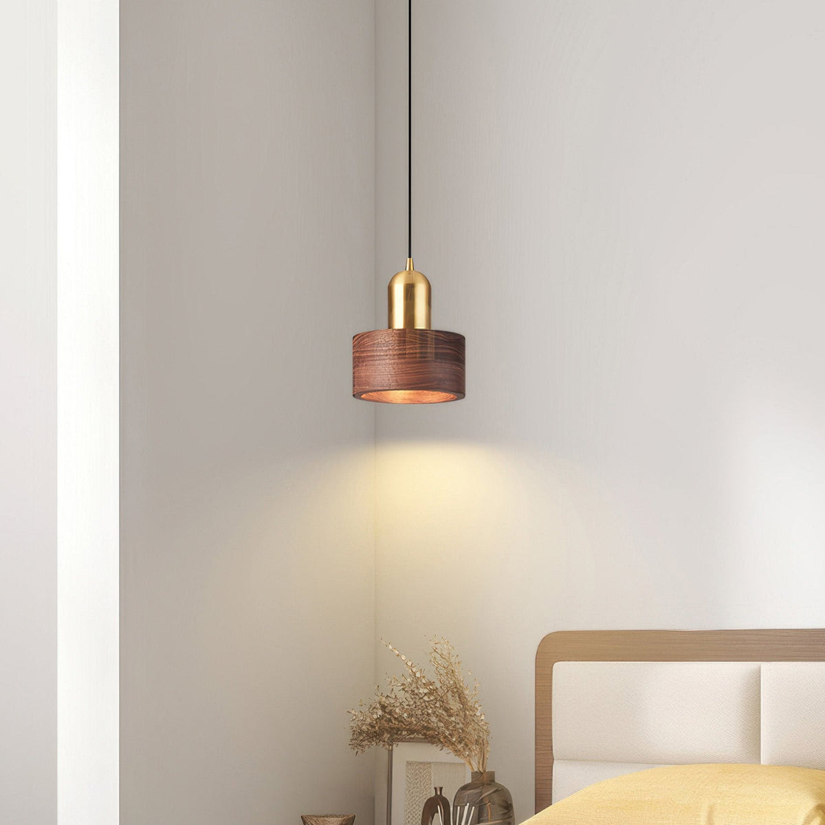 Cylindrical Walnut Brass Japanese Minimalist Hanging Pendant Light