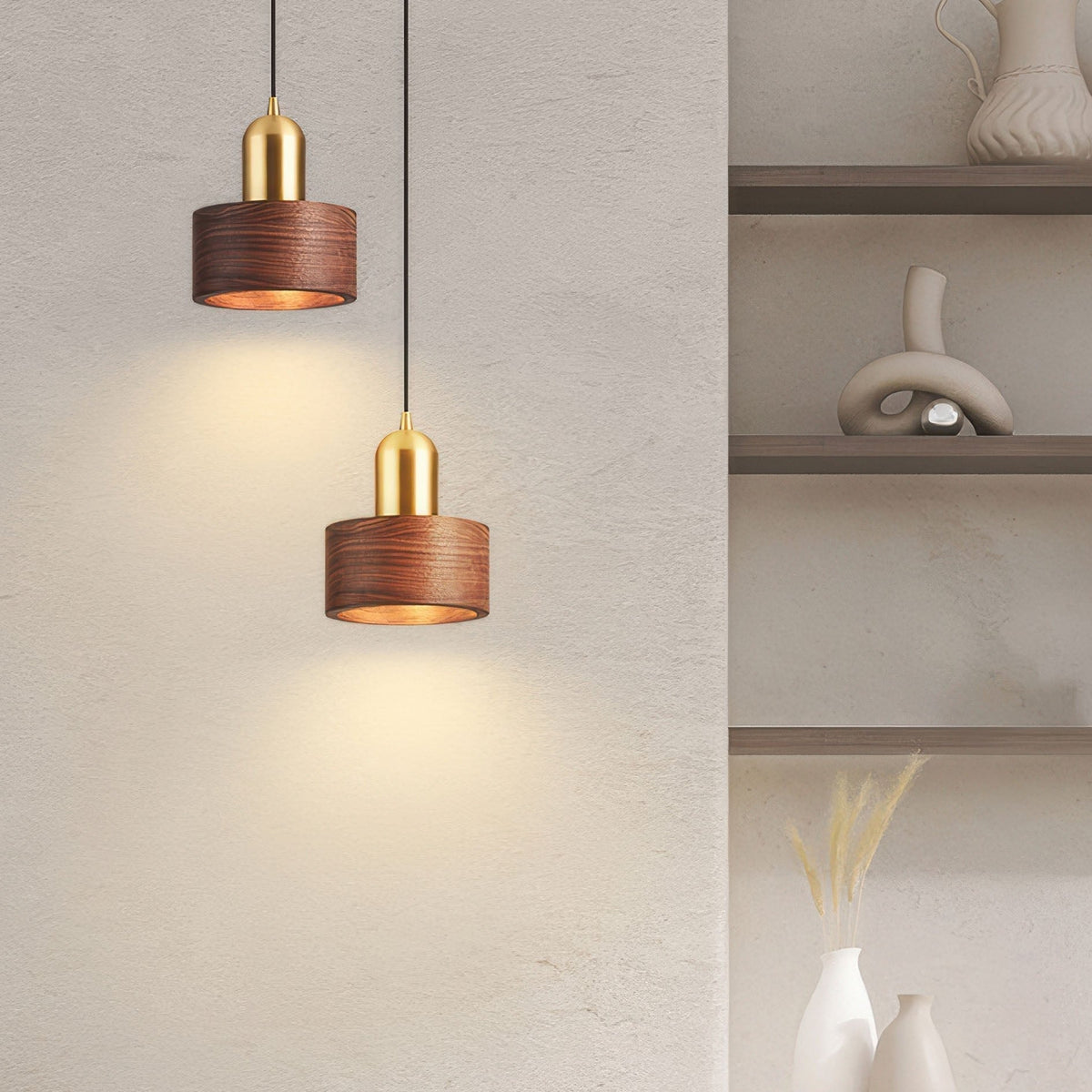 Cylindrical Walnut Brass Japanese Minimalist Hanging Pendant Light
