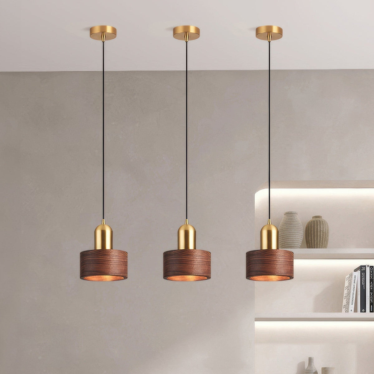 Cylindrical Walnut Brass Japanese Minimalist Hanging Pendant Light