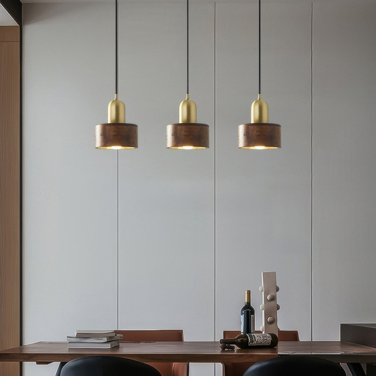 Cylindrical Walnut Brass Japanese Minimalist Hanging Pendant Light