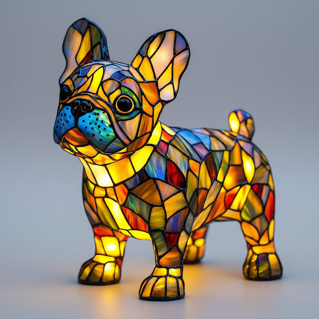Stained Glass Dog Figurine Resin Night Light Table Lamp