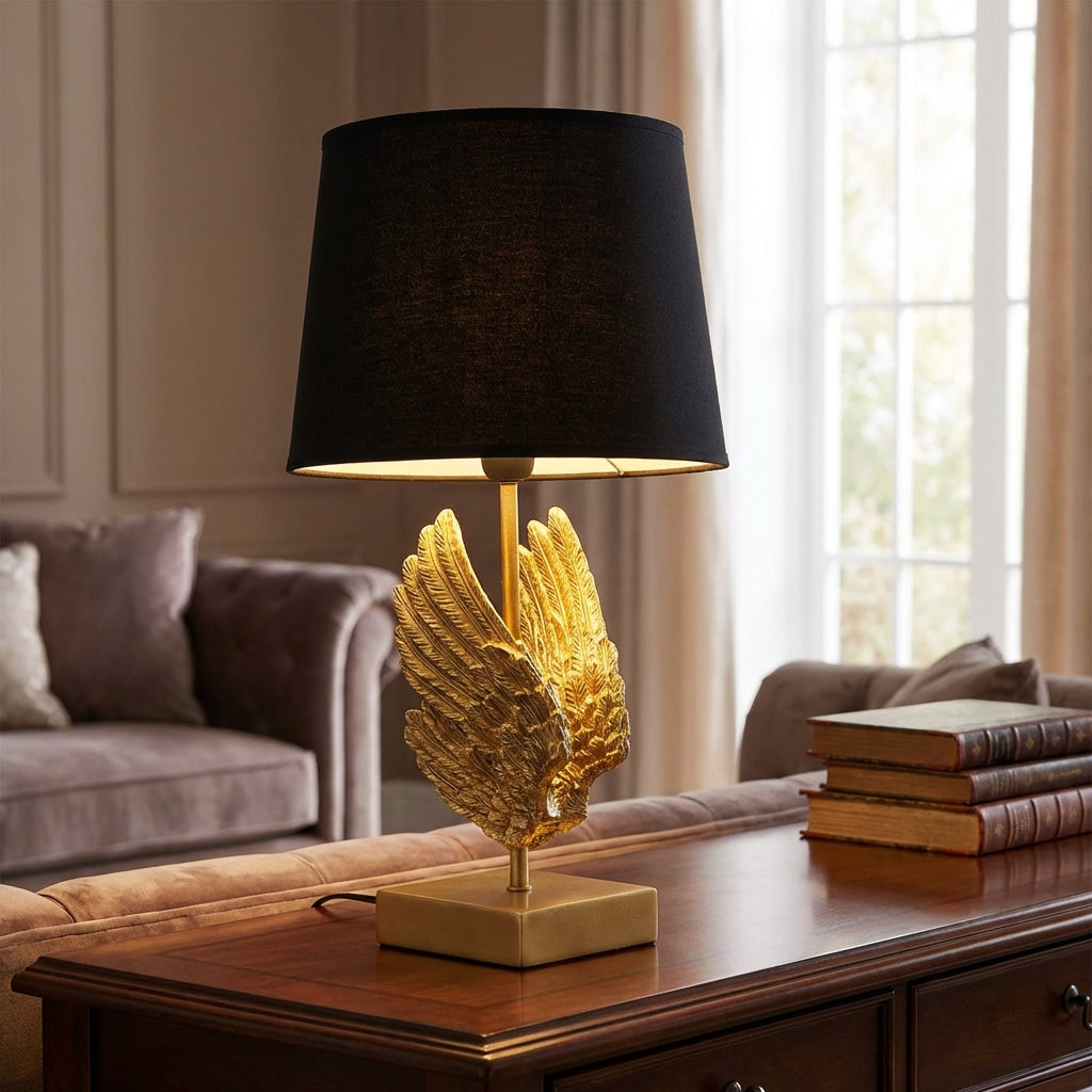 Sculptural Wing Motif Metal Resin Fabric Shade Table Lamp