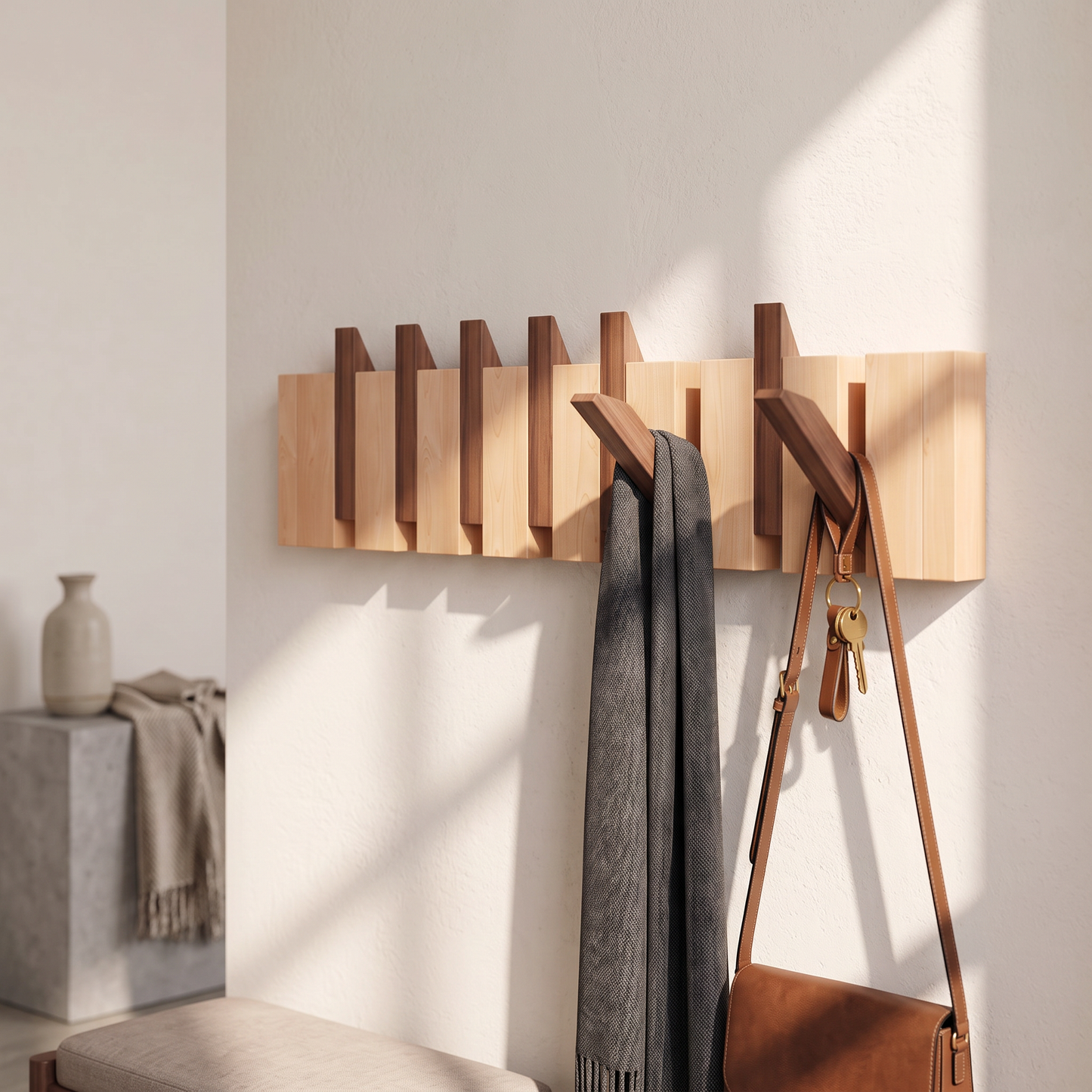 Paneled Wood Grain Foldable Hook Wall Mounted Coat Rack