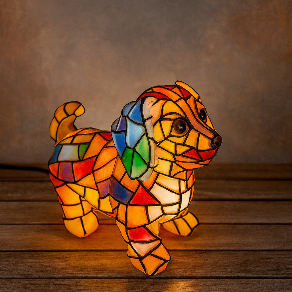 Resin Stained Glass Dog Figurine Decorative Accent Table Lamp