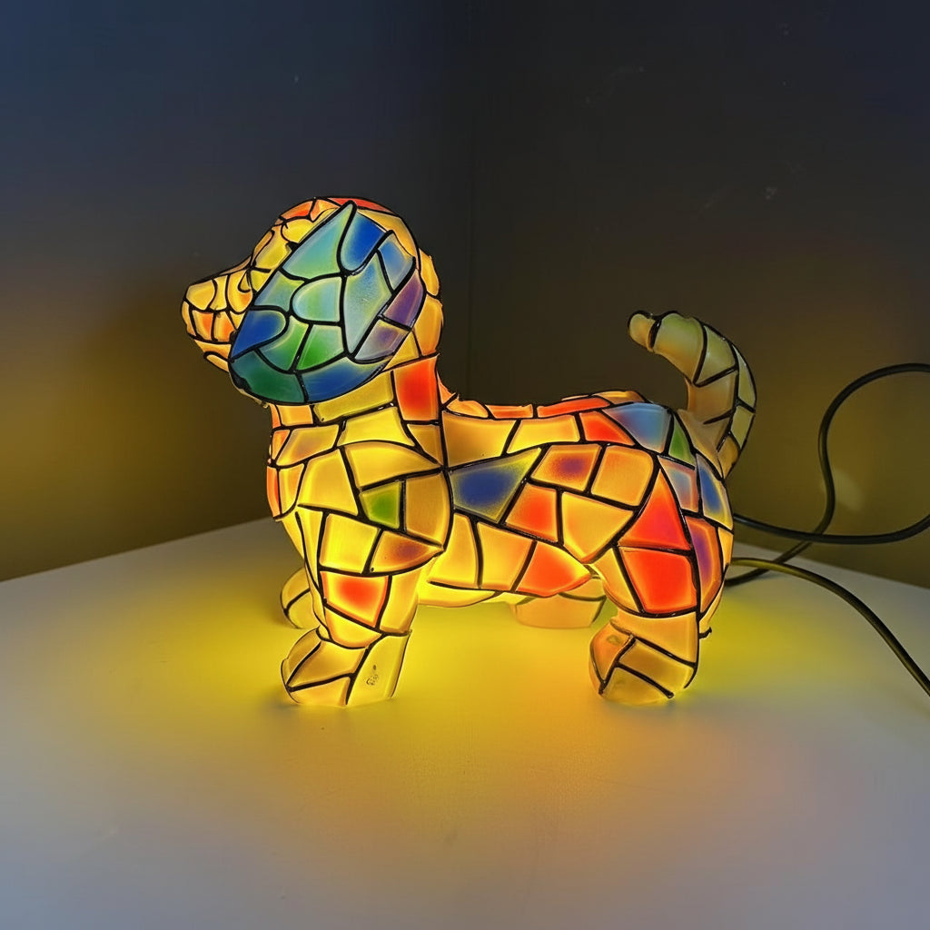 Resin Stained Glass Dog Figurine Decorative Accent Table Lamp