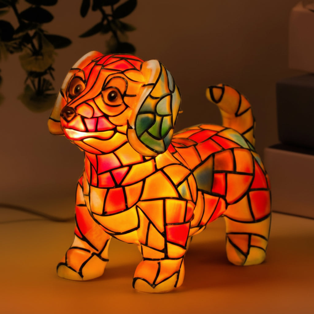 Resin Stained Glass Dog Figurine Decorative Accent Table Lamp