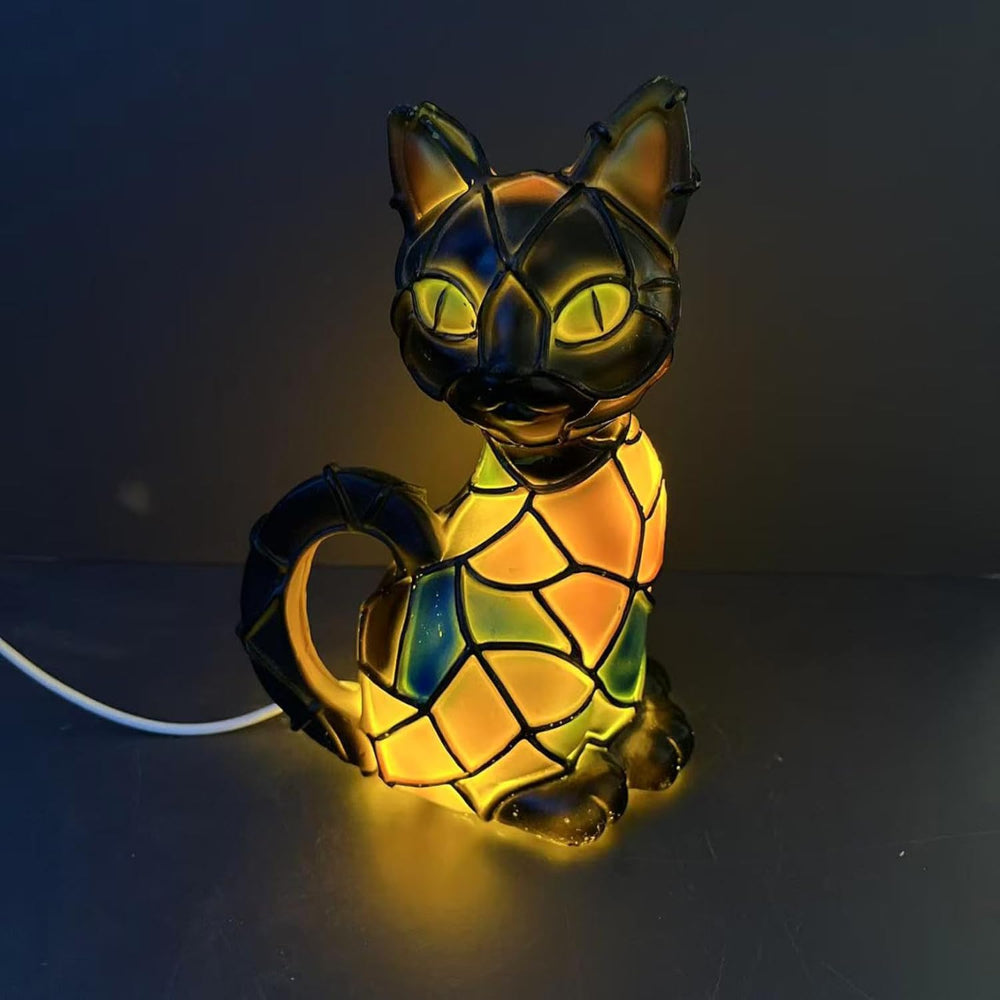Stained Glass Mosaic Cat Figurine Tiffany Style Table Lamp
