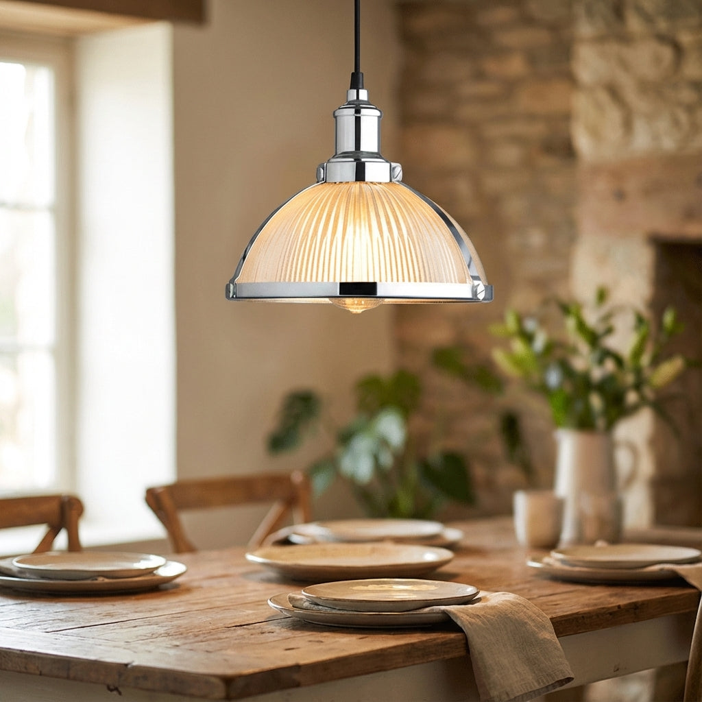 Retro Fluted Glass Metal Frame Single Light Pendant Light