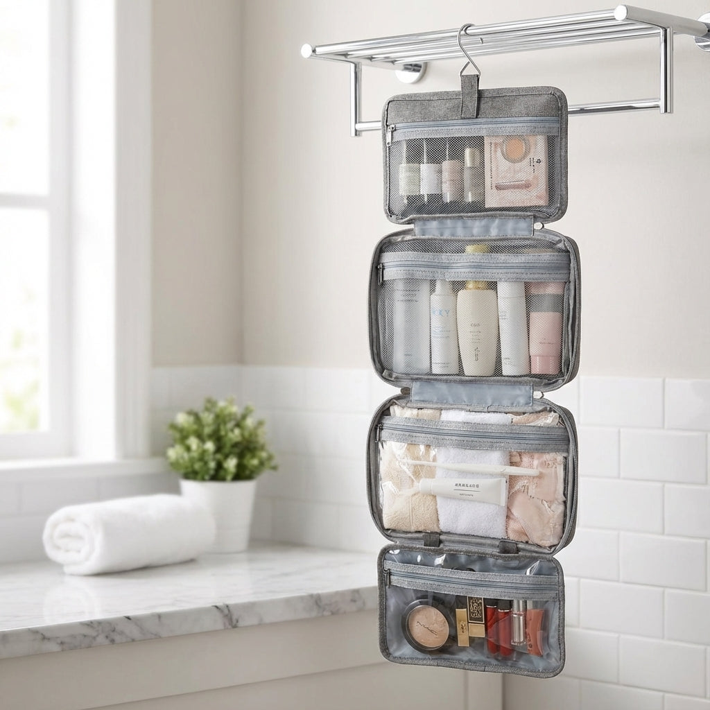 Foldable Multi Compartment Transparent Hanging Toiletry Organizer Bag