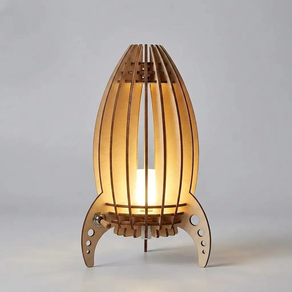 Whimsical Rocket Silhouette Slatted Beech Wood Table Lamp