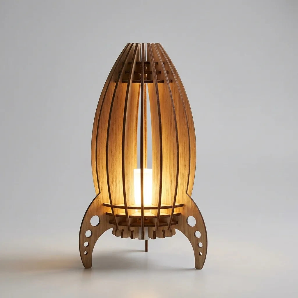 Whimsical Rocket Silhouette Slatted Beech Wood Table Lamp