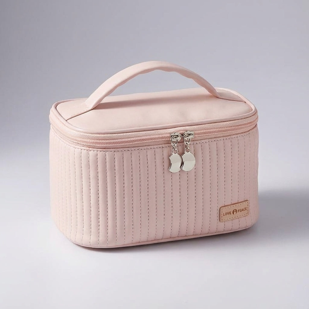 Quilted Multi-Compartment Padded Rectangular Travel Toiletry Bag With Handle