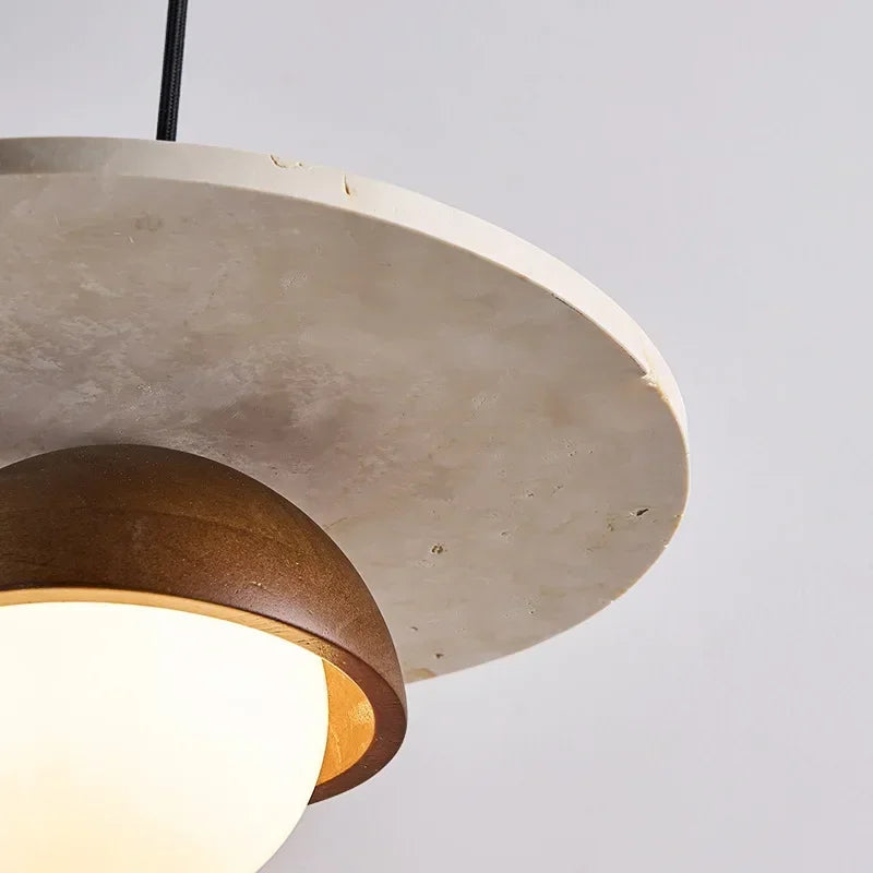 Scandinavian Walnut Wood And Stone Dome Pendant Light