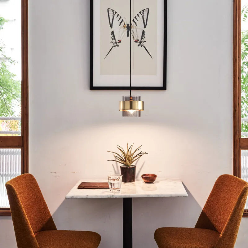 Nordic Smoked Glass Cylinder Brass Band Pendant Light