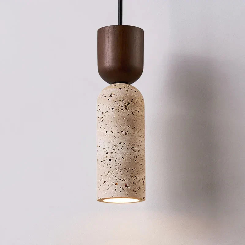 Wabi-Sabi Textured Travertine And Walnut Wood Pendant Light