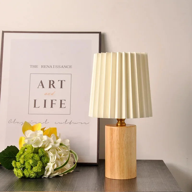 Pleated Fabric Shade Solid Wood Base Table Lamp