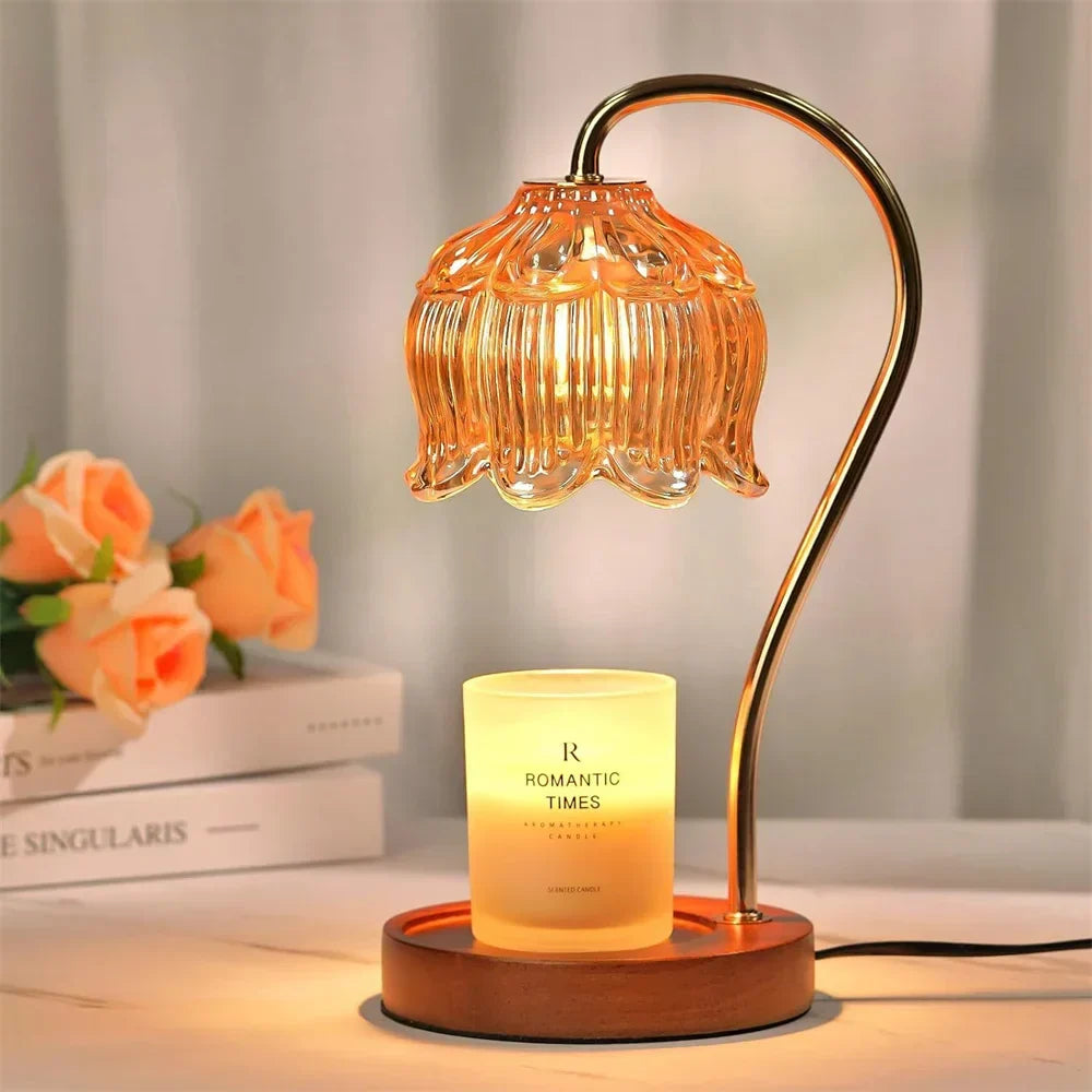 Retro Petal Glass Shade Wood Base Candle Warmer Table Lamp