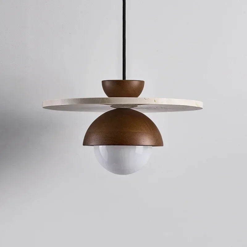 Scandinavian Walnut Wood And Stone Dome Pendant Light