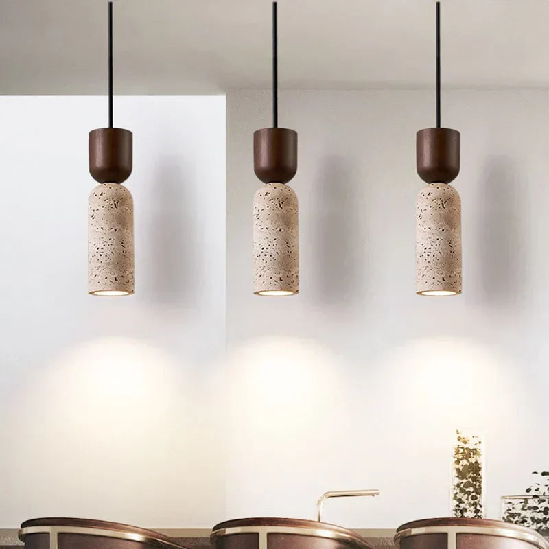 Wabi-Sabi Textured Travertine And Walnut Wood Pendant Light