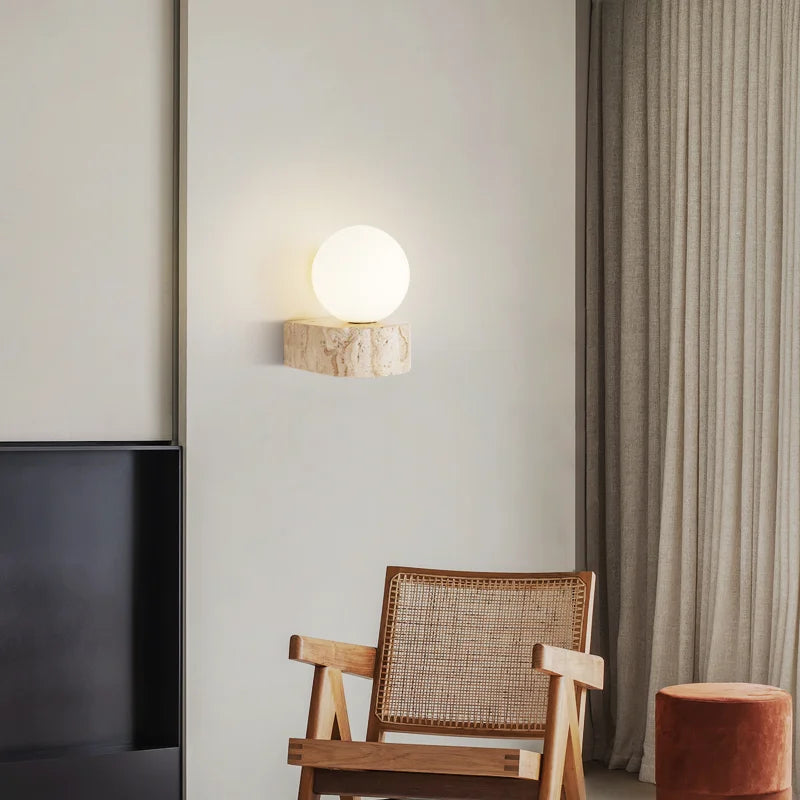 Sculptural Travertine Stone Frosted Glass Japanese Minimalist Wall Light