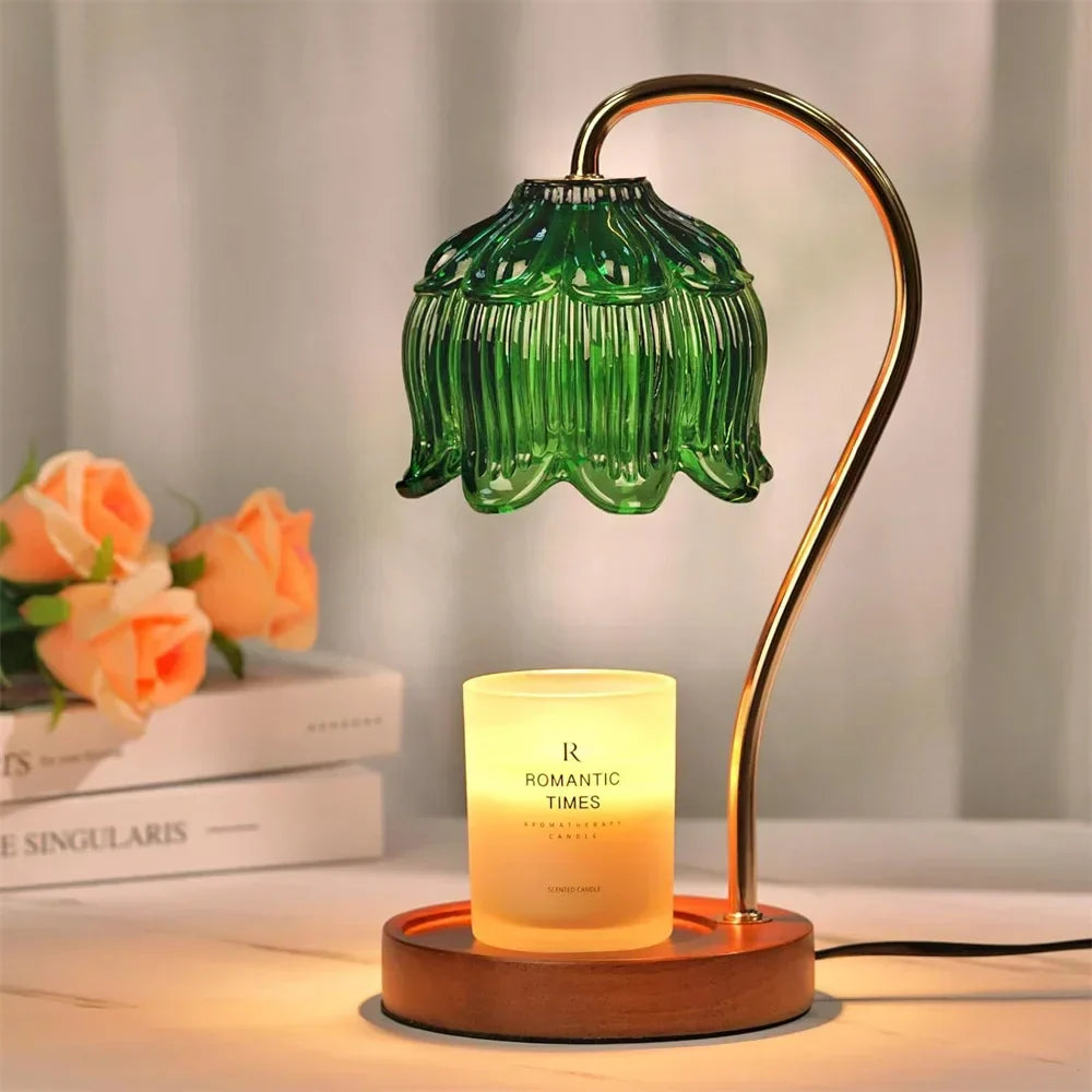 Retro Petal Glass Shade Wood Base Candle Warmer Table Lamp