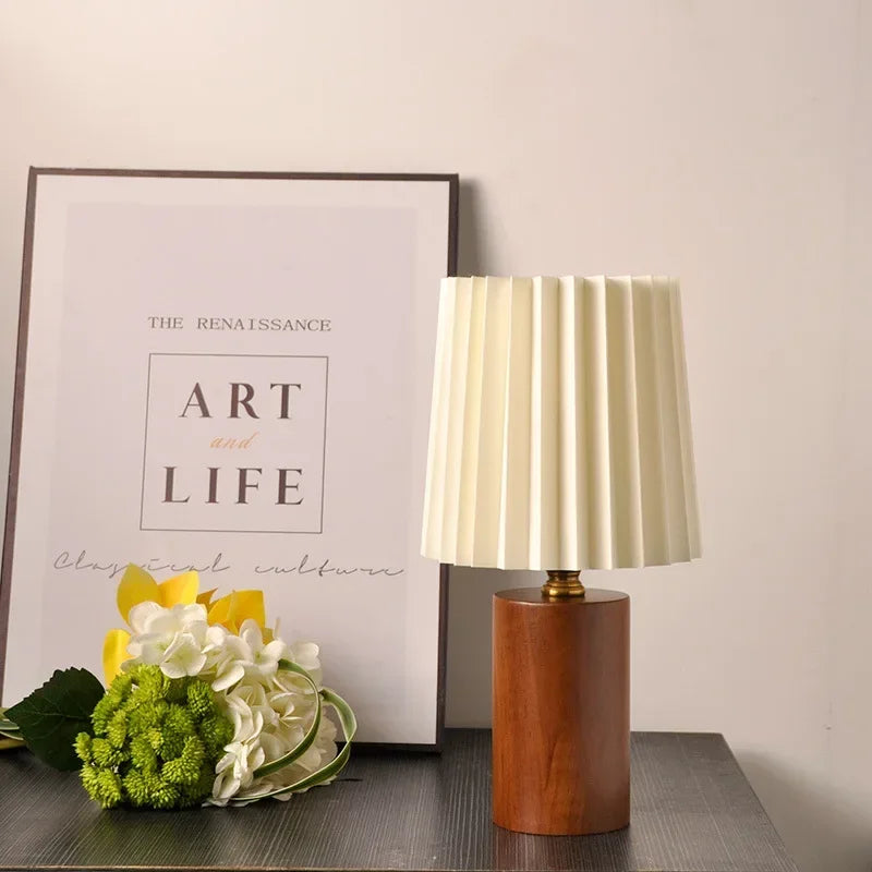 Pleated Fabric Shade Solid Wood Base Table Lamp