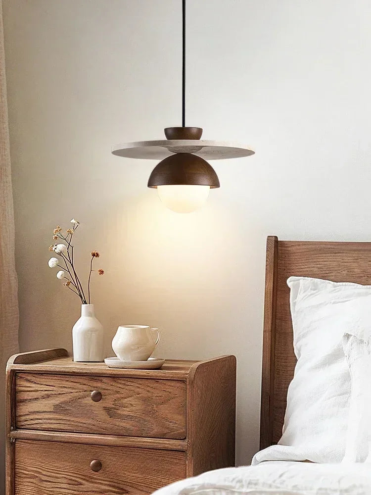 Scandinavian Walnut Wood And Stone Dome Pendant Light
