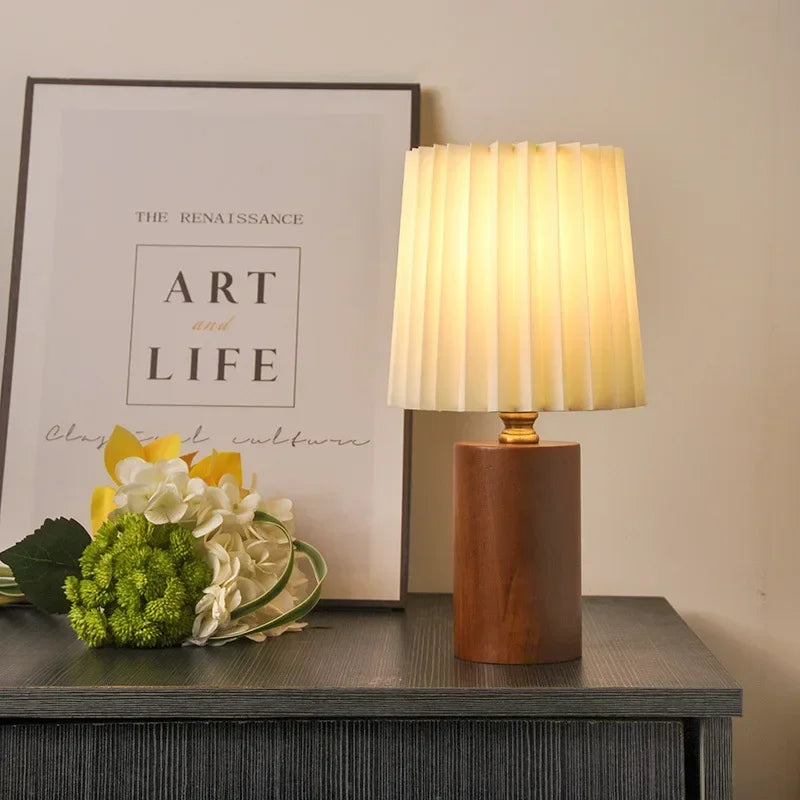 Pleated Fabric Shade Solid Wood Base Table Lamp