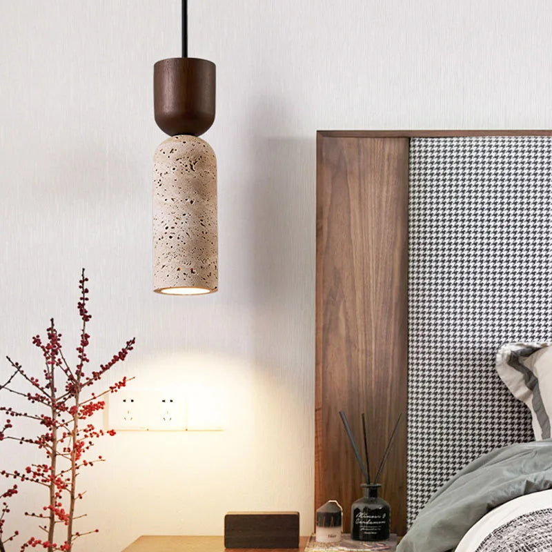 Wabi-Sabi Textured Travertine And Walnut Wood Pendant Light