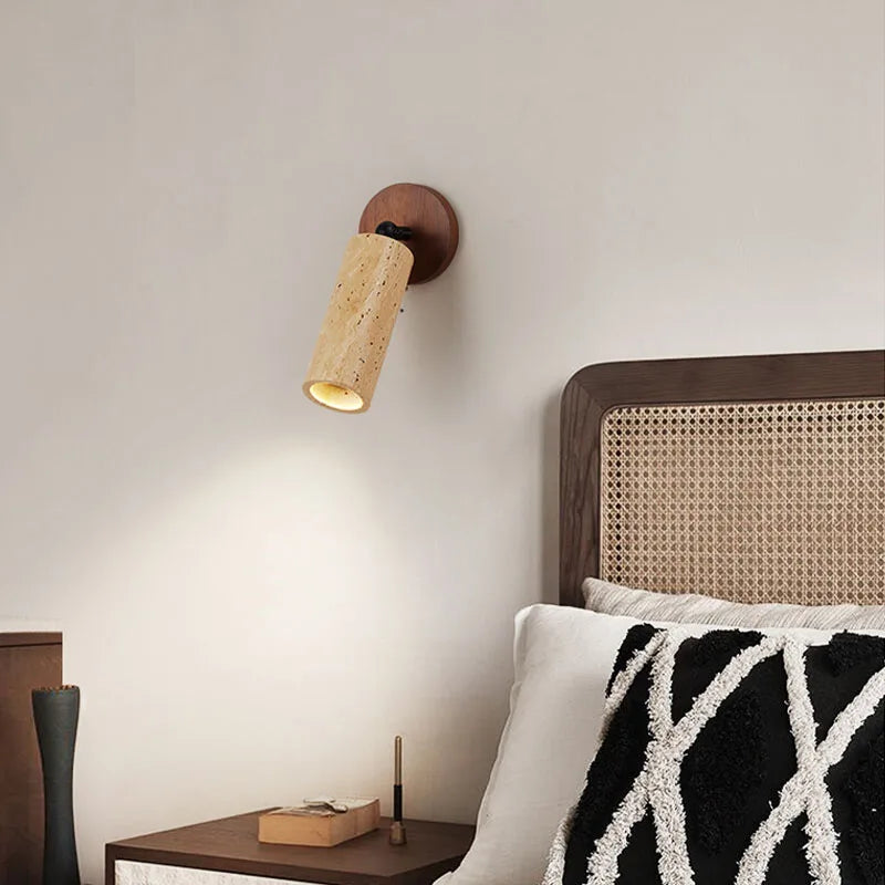 Wabi-Sabi Textured Travertine Stone And Wood Wall Light