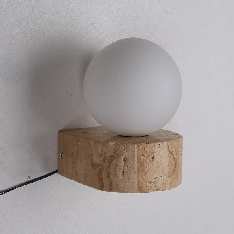 Sculptural Travertine Stone Frosted Glass Japanese Minimalist Wall Light