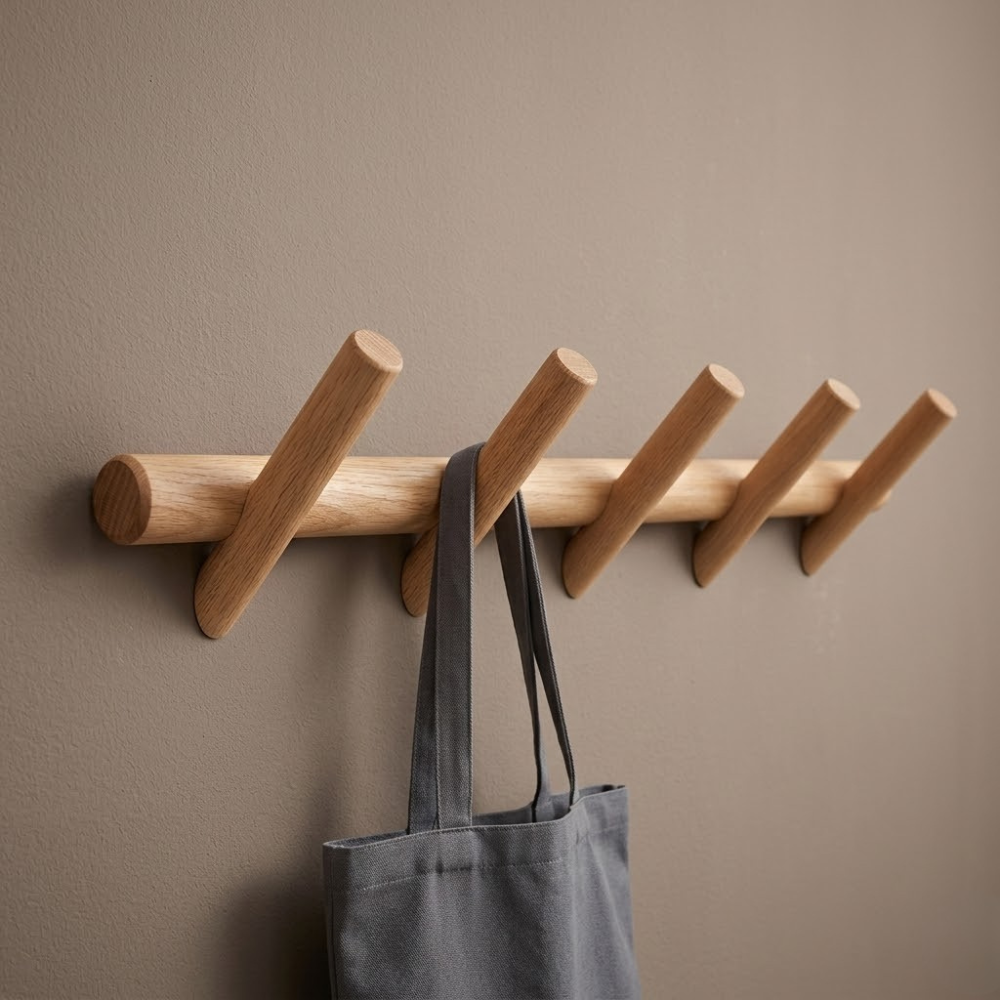 Scandinavian Minimalist Solid Oak Wall Mounted Peg Coat Rack