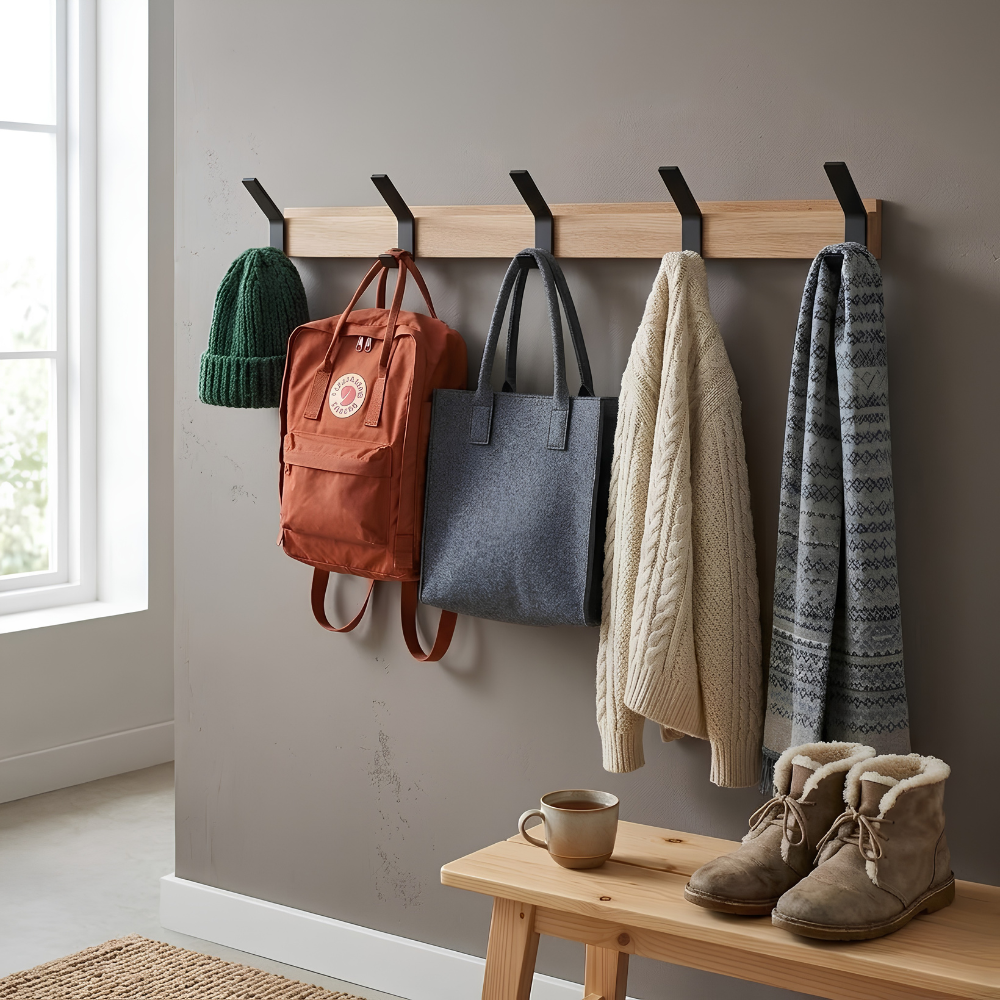 Scandinavian Minimalist Wood Wall-Mounted Coat Rack With Adjustable Hooks