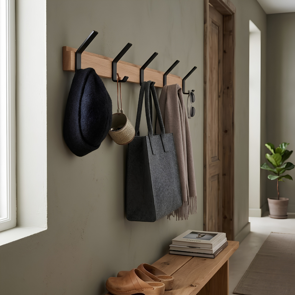 Scandinavian Minimalist Wood Wall-Mounted Coat Rack With Adjustable Hooks