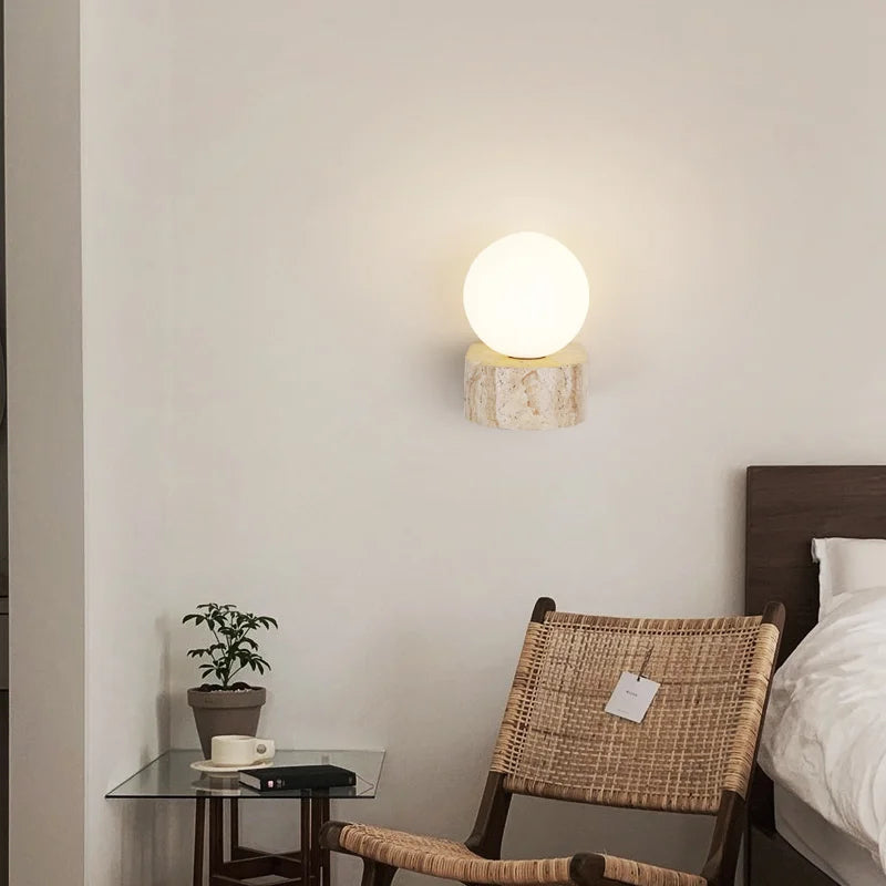 Sculptural Travertine Stone Frosted Glass Japanese Minimalist Wall Light