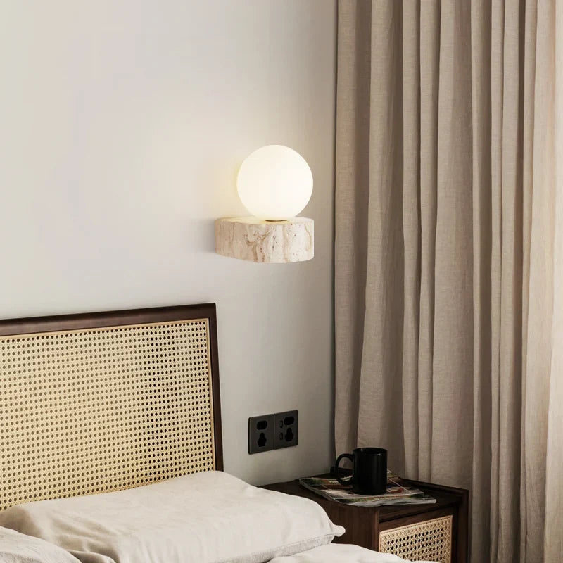 Sculptural Travertine Stone Frosted Glass Japanese Minimalist Wall Light