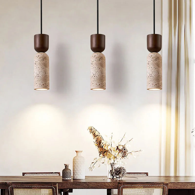 Wabi-Sabi Textured Travertine And Walnut Wood Pendant Light