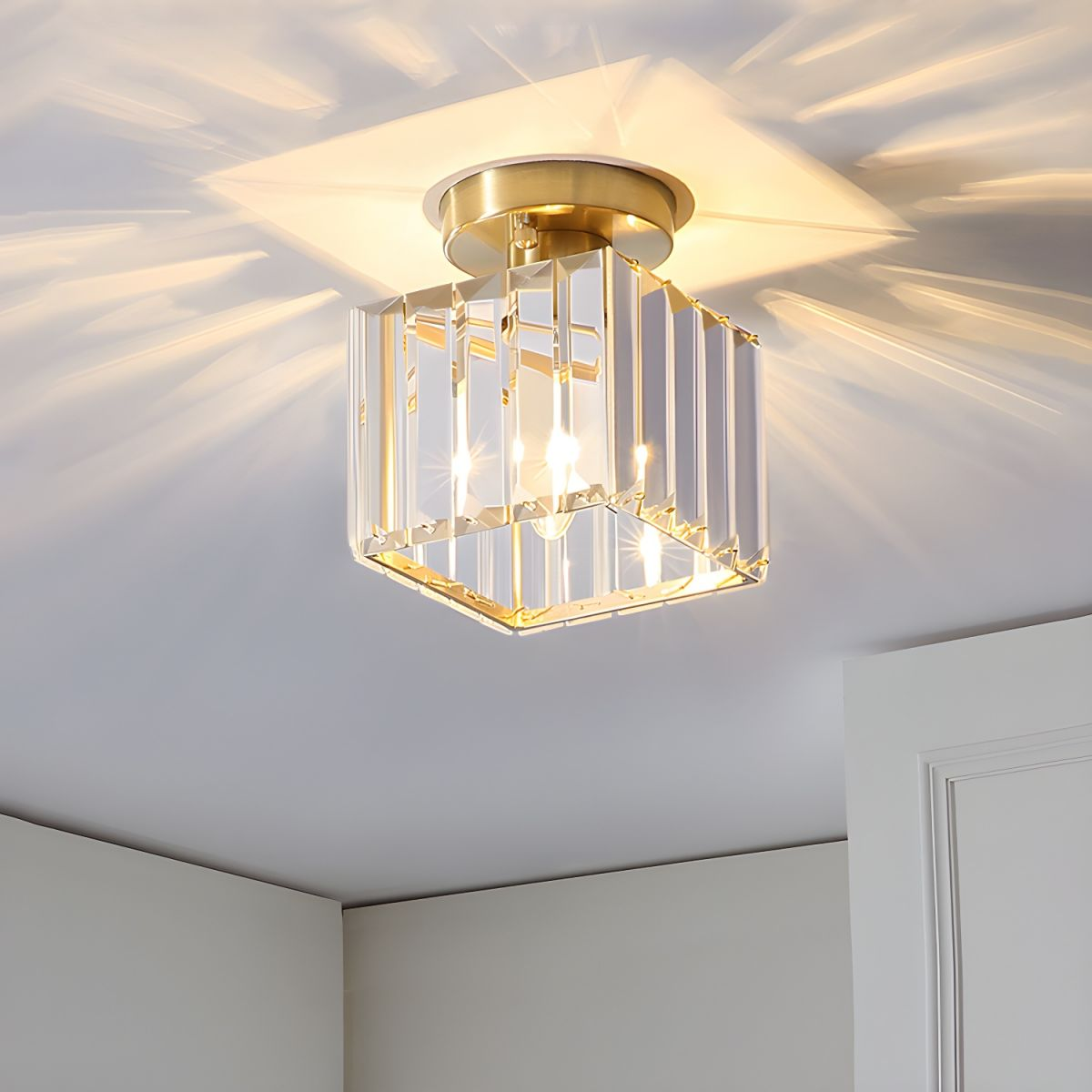 Sparkling Crystal Brass Semi-Flush Mount Ceiling Light