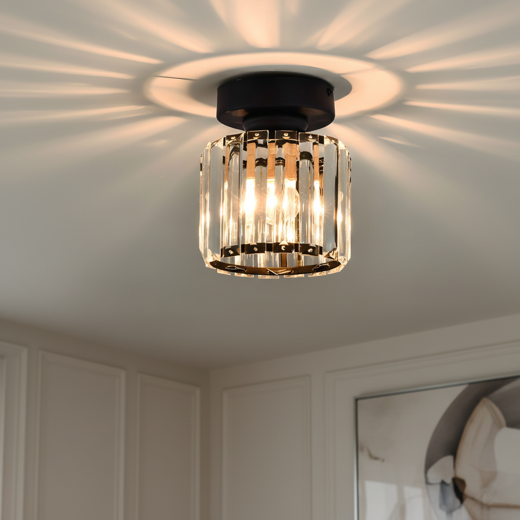 Sparkling Crystal Brass Semi-Flush Mount Ceiling Light