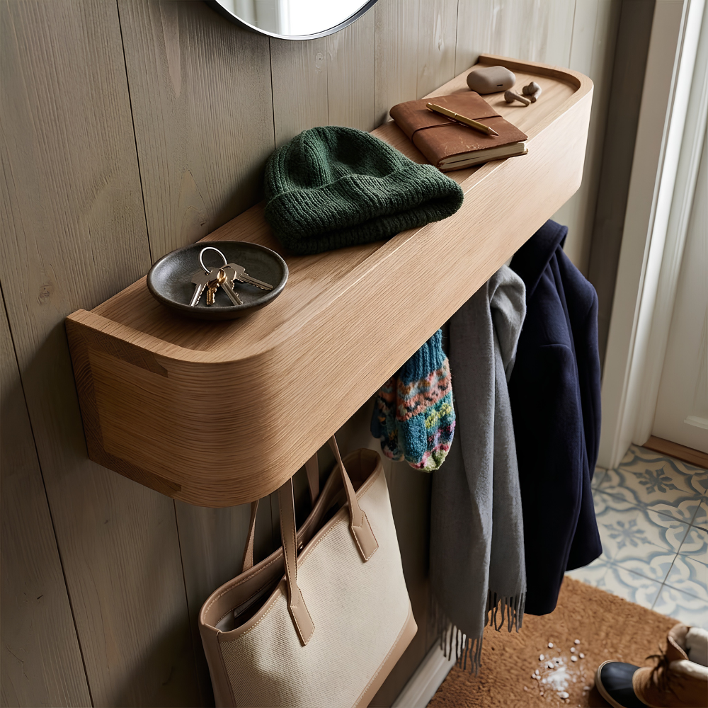 Sleek Geometric Folding Wood Finish Wall Mounted Coat Rack